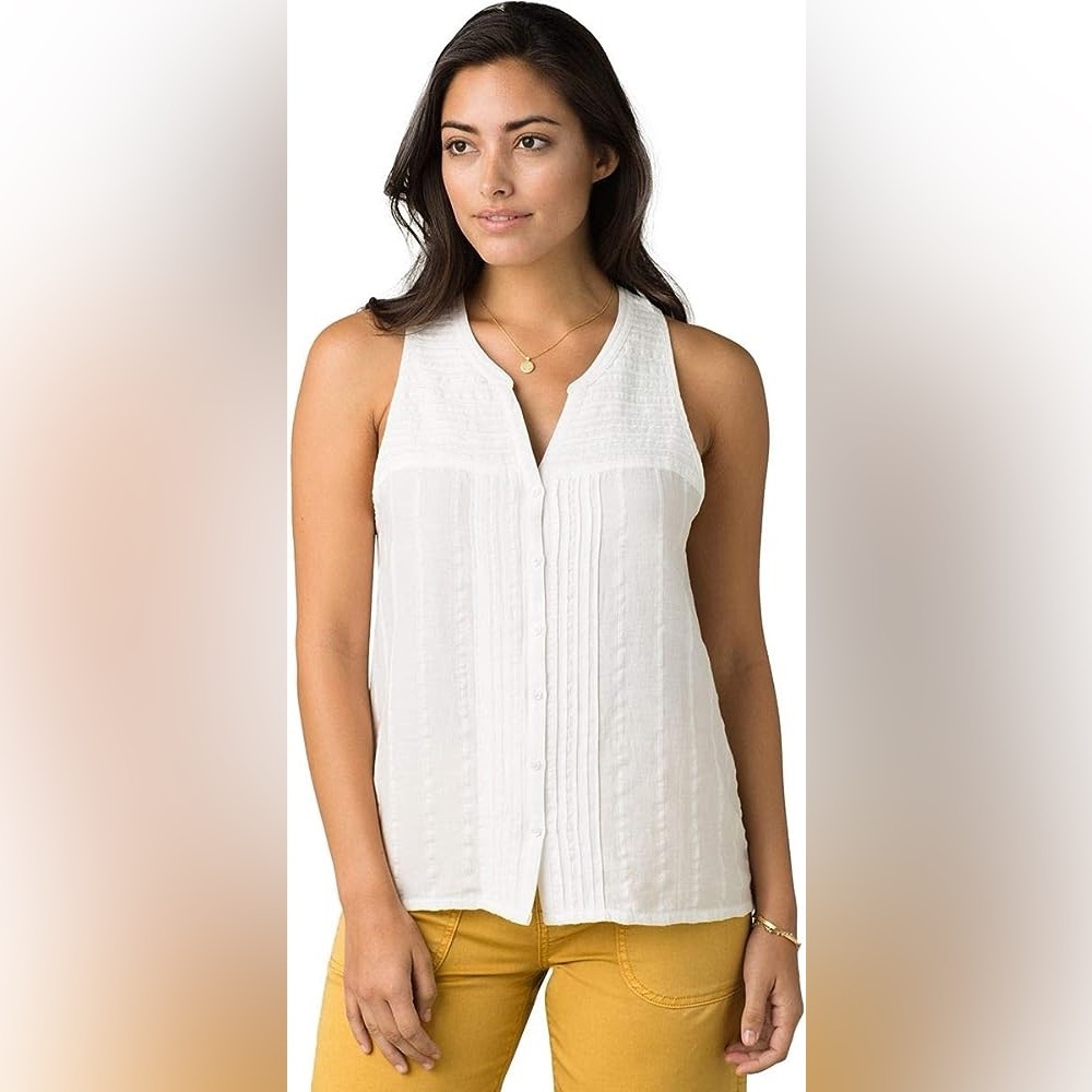prAna Women's Nieves Woven Organic Cotton Button Closure Tank in Soft White Sz L